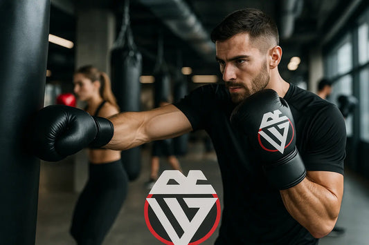 Focused male boxer wearing black gloves with a bold logo, punching a heavy bag in a modern gym. A female boxer trains in the background, emphasizing a dynamic and intense fitness environment