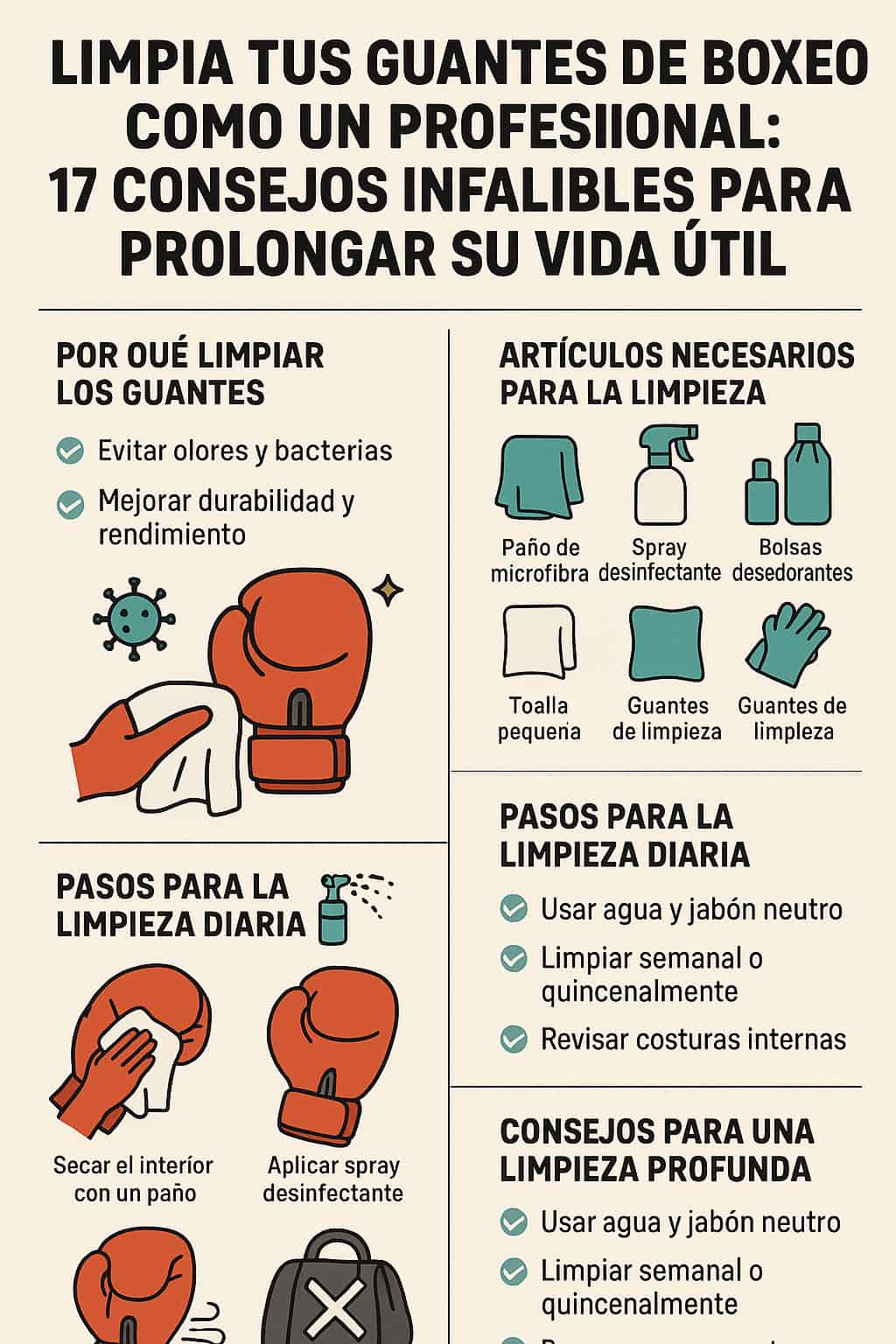 Limpia tus guantes de boxeo como un profesional: 17 consejos infalibles para prolongar su vida útil