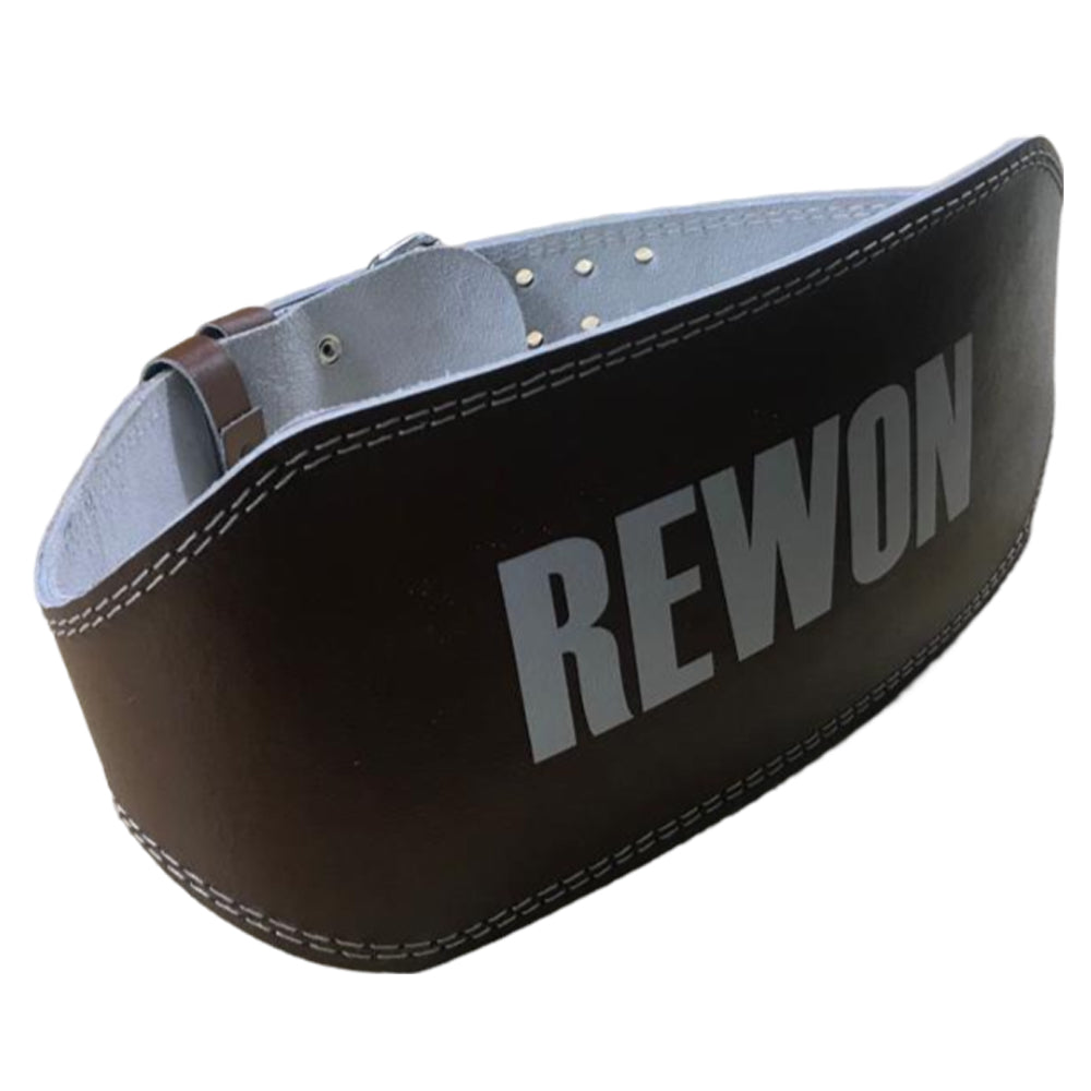 Rewon brown leather fitness belt for weightlifting with core and lumbar support, ideal for gym, boxing, and fitness training.
