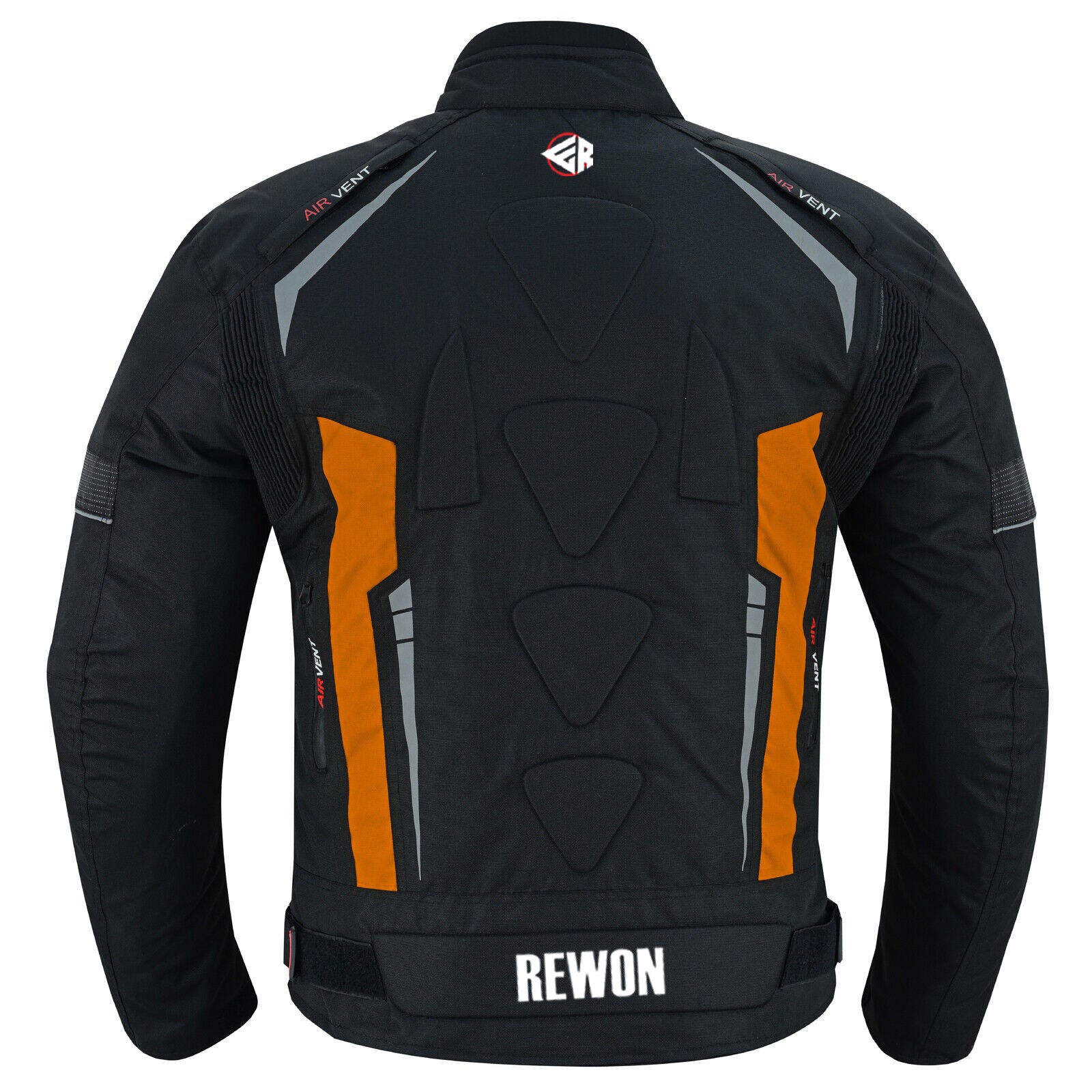 Rewon motorcycle jacket, textile with CE armor, black and orange color, robust protection for boxen and fitness enthusiasts.