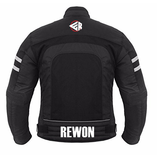 Rewon Motorcycle Jacket Textile for Boxen and Fitness, with detachable armor, black polyester Cordura, ideal for all-season protection.