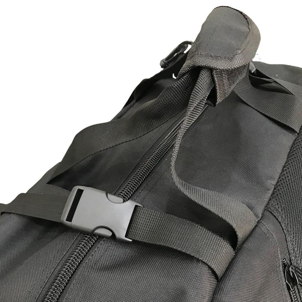 Black gym duffel bag with strap detail for boxing and fitness gear, Rewon brand.