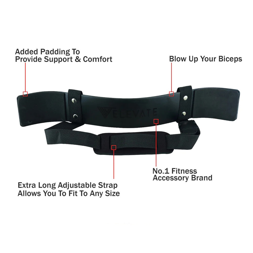 Black Rewon Arm Blaster with added padding and adjustable strap for biceps training, labeled as No.1 fitness accessory brand.