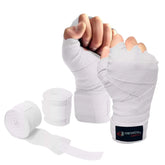 Weiß Rewon Handgelenkbandagen für Boxen und Kampfsport. Ideal für Boxtraining und Fitness, bieten Unterstützung und Schutz.