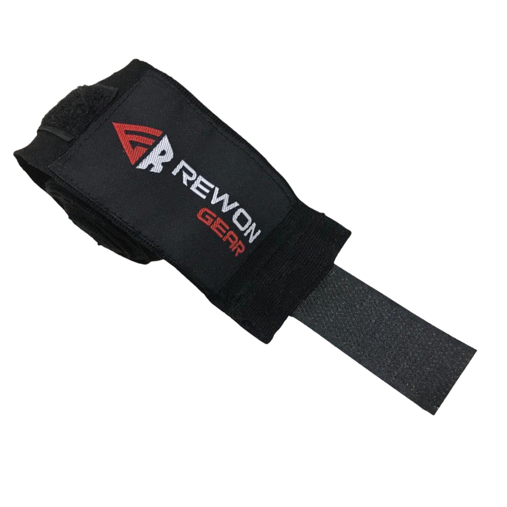 Rewon black wrist wrap for boxing training, ideal for fitness and martial arts support.