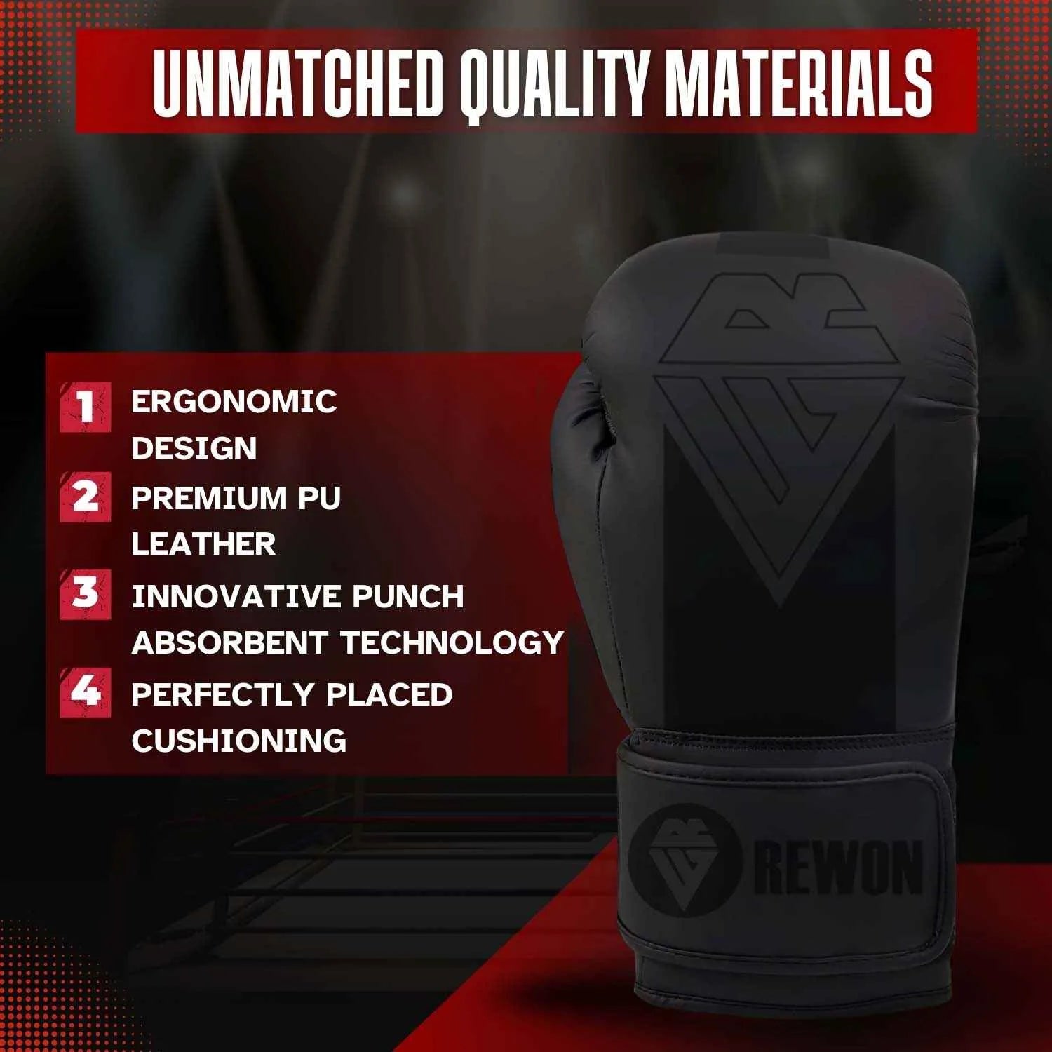 Black Rewon boxing glove showcasing ergonomic design, premium PU leather, and innovative cushioning for unmatched quality.