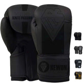 Classic black Rewon boxing gloves for kickboxing and Muay Thai, durable and protective gear for fitness and boxing training.