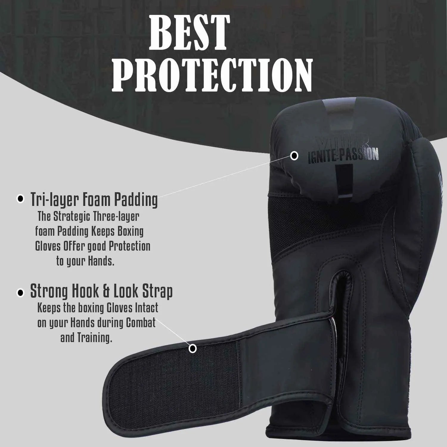Black boxing glove with tri-layer foam padding and strong hook strap for protection and durability, ideal for fitness and combat training.