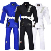 Rewon Classic 2.0 Ju Jutsu Gi BJJ Kimono in blue, black, and white, durable 100% cotton, ideal for boxing and fitness training.