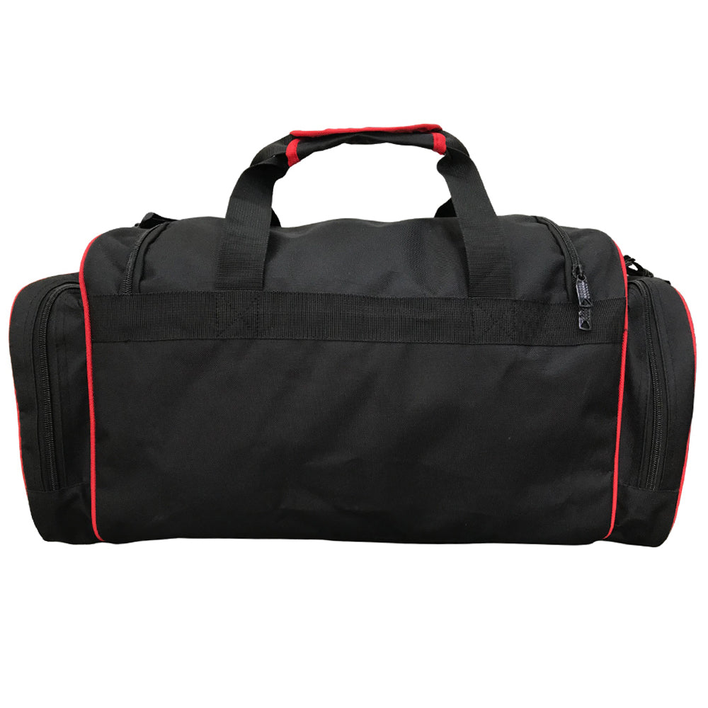 Classic sport gym bag in black and red, ideal for boxing and fitness gear. Durable, stylish, and spacious for men and women.