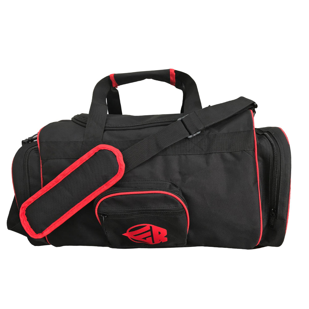 Classic black and red sport bag; ideal for boxing gear, fitness equipment, Jiu Jitsu, and Karate; durable and spacious 35L capacity.
