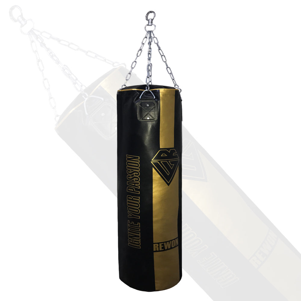 Classic Rewon punching bag for boxing and fitness training, black and gold with sturdy hanging straps.