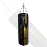 Classic Rewon punching bag for boxing and fitness training, black and gold with sturdy hanging straps.