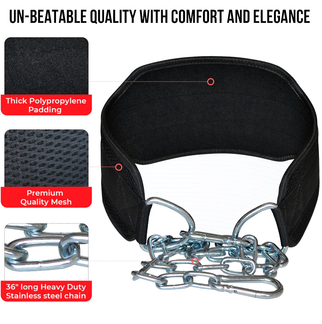 Dip Belt with Chain for Fitness and Boxing, featuring thick polypropylene padding and 36-inch heavy-duty stainless steel chain.