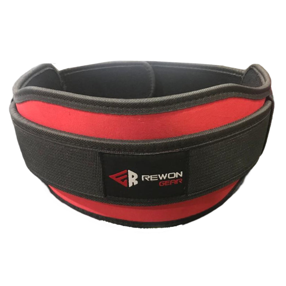 Rewon double neoprene weightlifting belt with Velcro closure, suitable for fitness and boxing training. Comfortable, durable, 5" wide back support.
