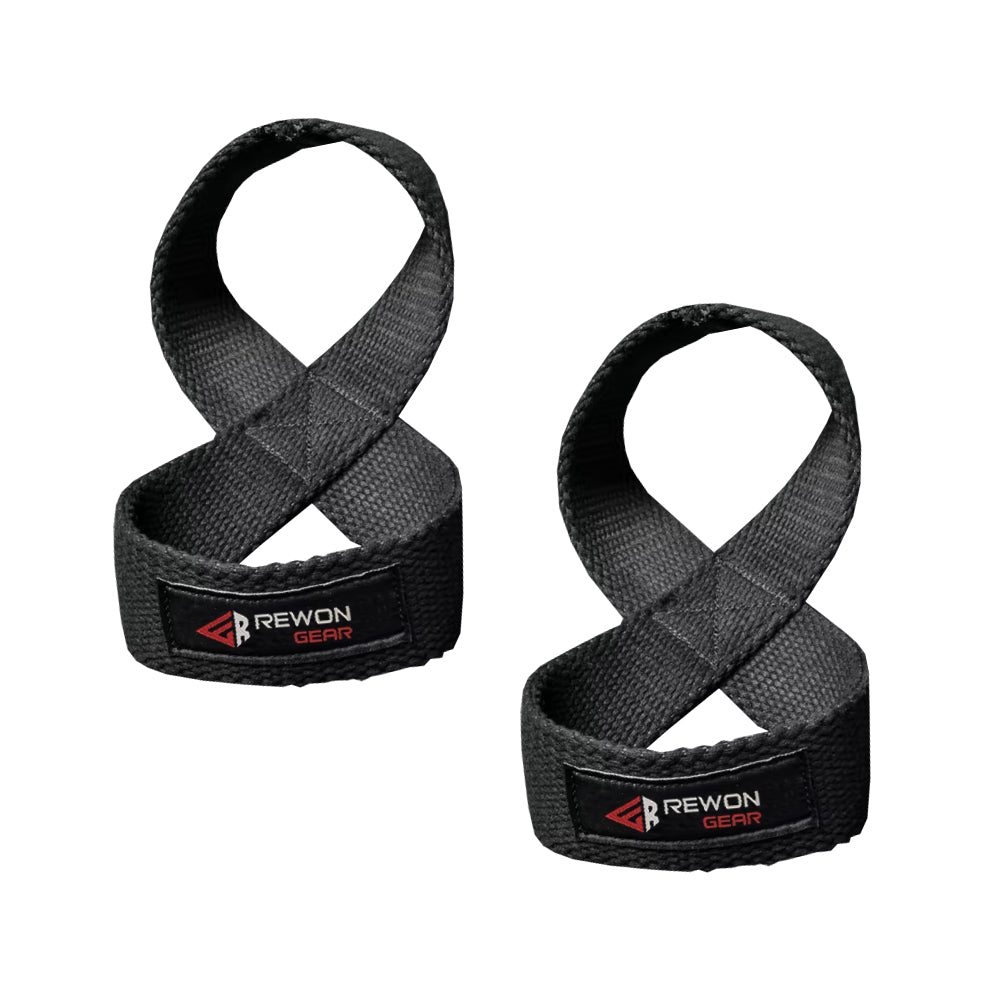 Figure 8 weightlifting straps by Rewon in black for powerlifting, deadlifts, and weight training. Durable cotton with comfortable design.
