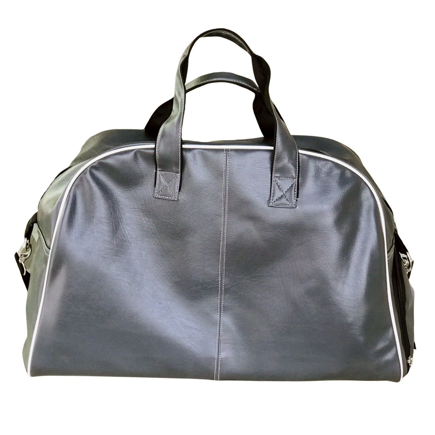 Gray sports bag with side pocket and shoe compartment, ideal for boxing and fitness gear. Durable and stylish for men and women.