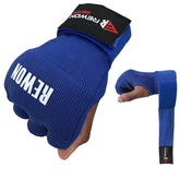 Rewon blue gel hand wraps for boxing and MMA, providing breathable, flexible support and comfort, ideal for under gloves in fitness training.