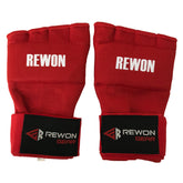 Red Rewon gel hand wraps for boxing, MMA, and fitness, made from breathable, stretchy material with thumb support. Ideal for training.
