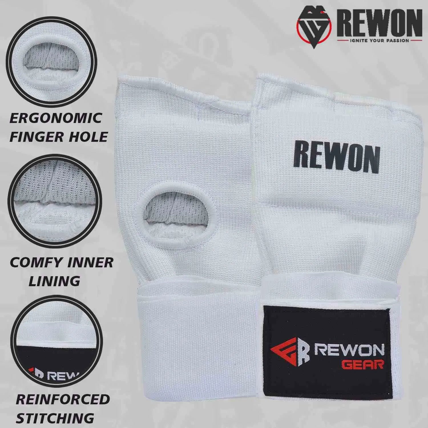 White Rewon gel hand wraps for boxing and fitness, featuring ergonomic finger holes, comfy inner lining, and reinforced stitching.