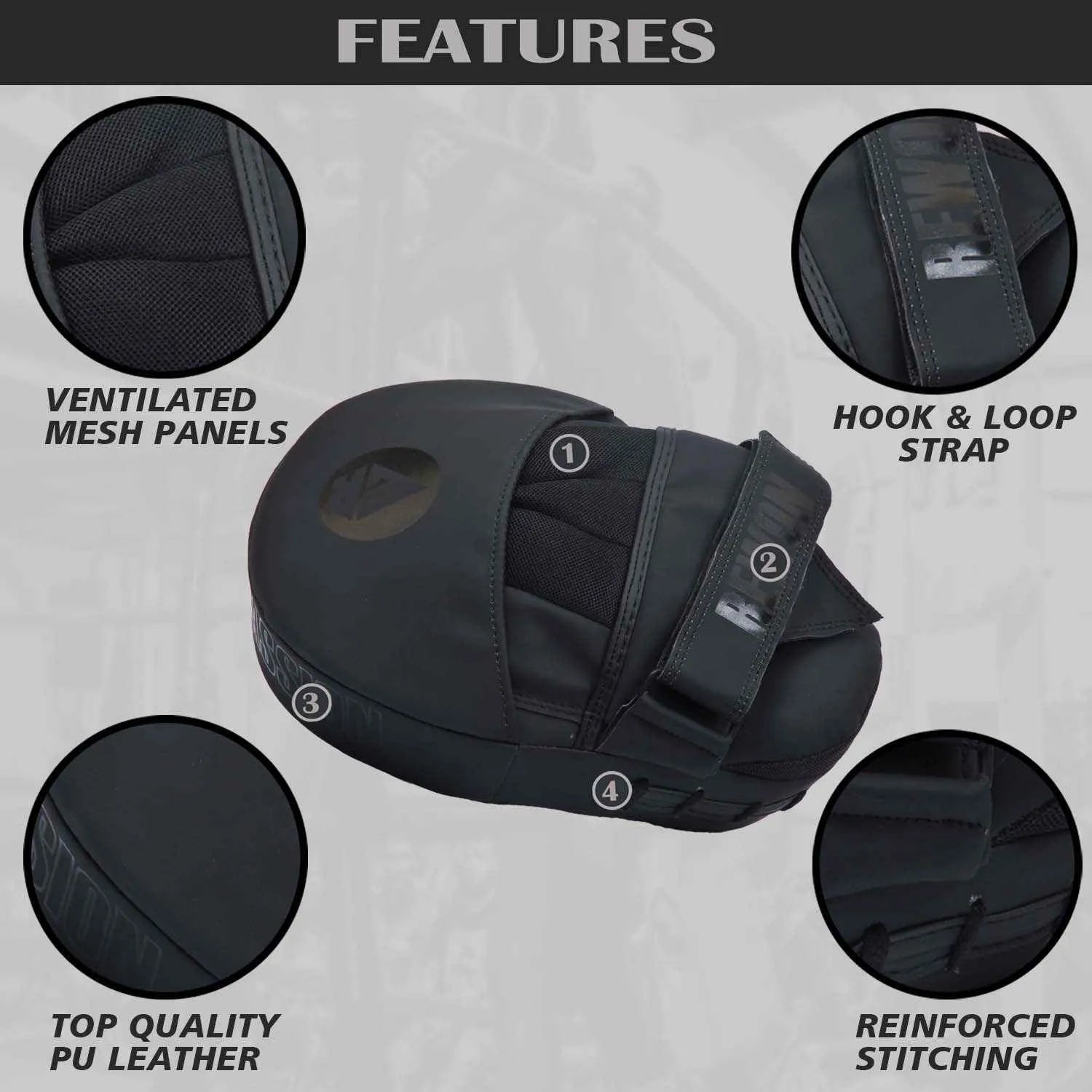 Black boxing mitt with features: ventilated mesh panels, hook & loop strap, top quality PU leather, reinforced stitching.