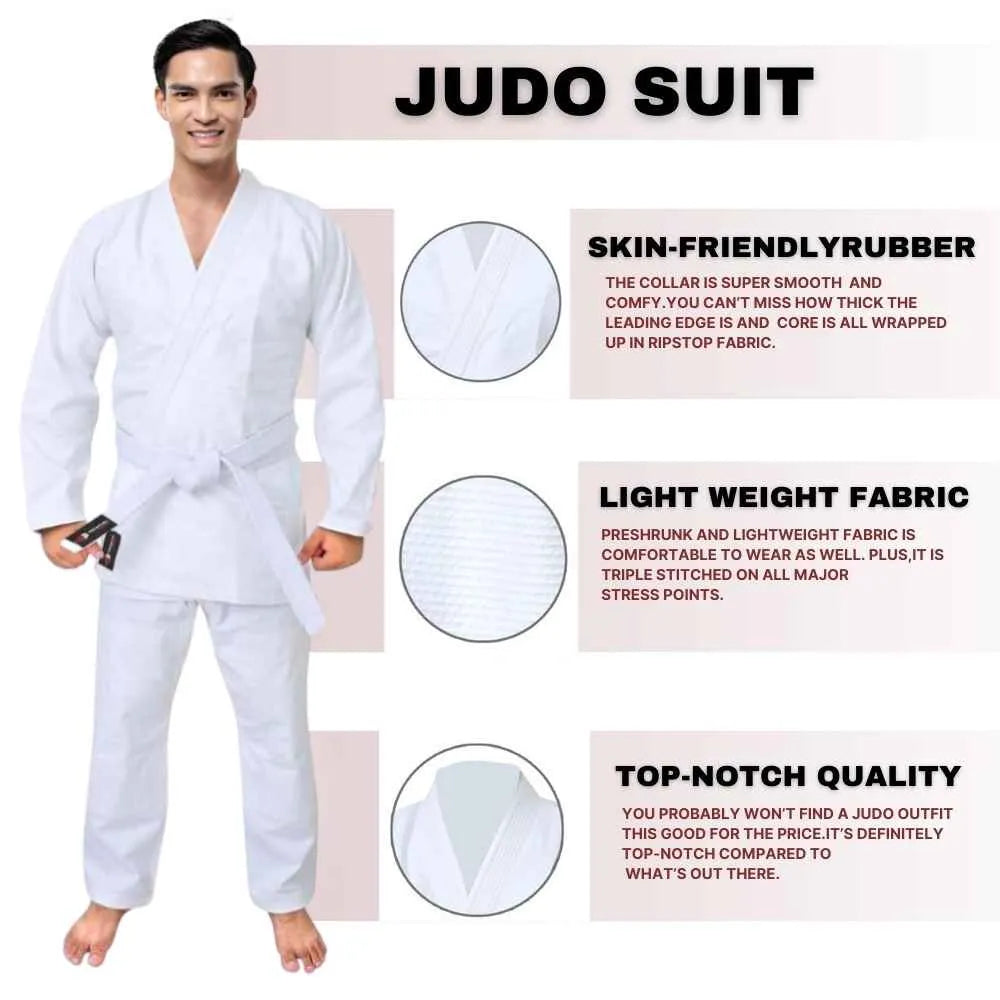 Judo suit with skin-friendly rubber collar, lightweight fabric, and top-notch quality features, perfect for judo training and competitions.