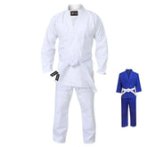 Weißer Judoanzug aus reißfestem Material, ideal für Judo und Kampfsport, mit extra blauer Judogi-Option. Perfekt für Training und Wettkampf.