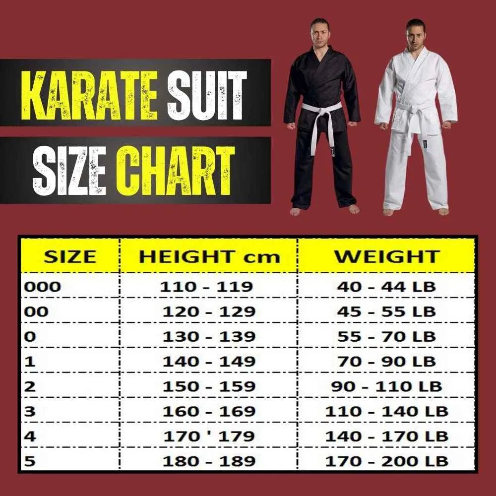 Karate suit size chart featuring height and weight guidelines for various sizes, with black and white karate outfits displayed.