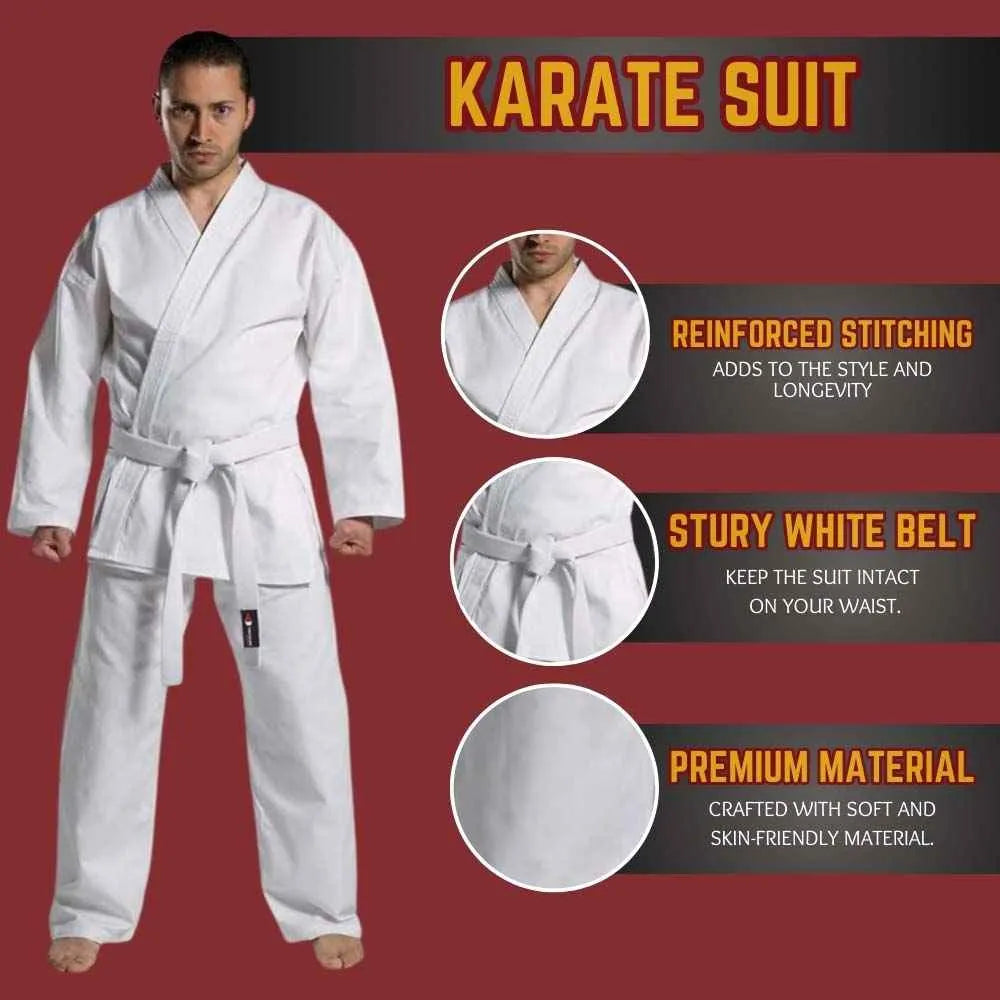 White karate suit with reinforced stitching and sturdy belt for martial arts training. Made of durable polyester and cotton blend.