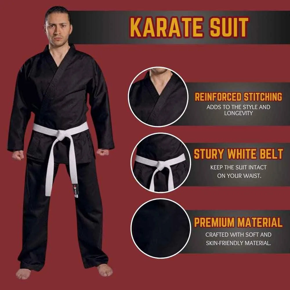 Black karate gi with white belt, durable stitching, premium polyester-cotton material for unrestricted movement, ideal for martial arts.