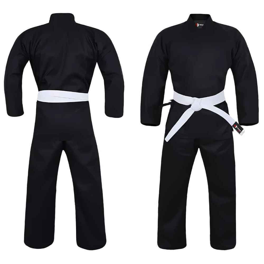 Schwarzer Karateanzug Rewon aus Polyester-Baumwolle, geeignet für Boxen und Fitness, mit weißem Gürtel, Vorder- und Rückansicht.