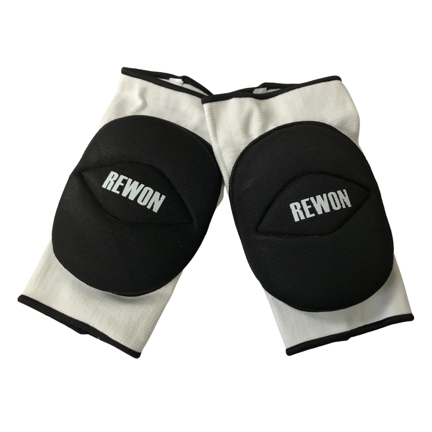 Rewon black and white knee pads offering advanced cushioning for boxing and fitness training.