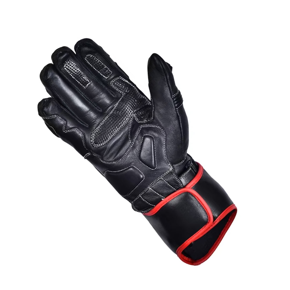 Black leather motorcycle glove with red accents, featuring phone-friendly touch tips and durable protection for fitness and box training.