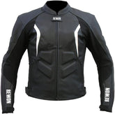 Matte black leather motorcycle jacket with removable protectors, air-vent zippers, and reflective details. Ideal for fitness and boxing.