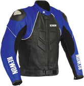 Blue and black leather motorcycle jacket, featuring protective CE-approved padding on shoulders and elbows, durable and stylish.