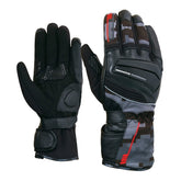 Leather and textile motorcycle gloves with smartphone touch feature, waterproof membrane, carbon and leather knuckle protector for boxing fitness.