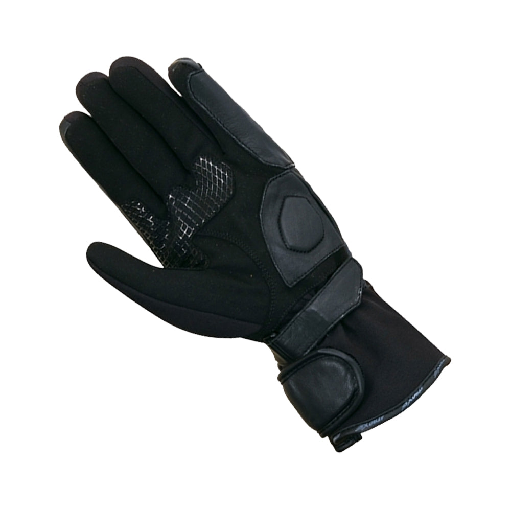 Leather and textile motorcycle glove with smartphone touchscreen feature, waterproof and breathable design, protective for fitness and boxing.