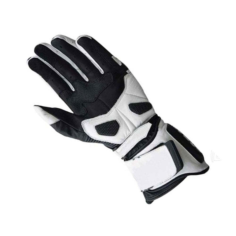 Leather & textile motorcycle gloves with waterproof membrane, breathable soft-shell, and touchscreen-friendly fingertips.
