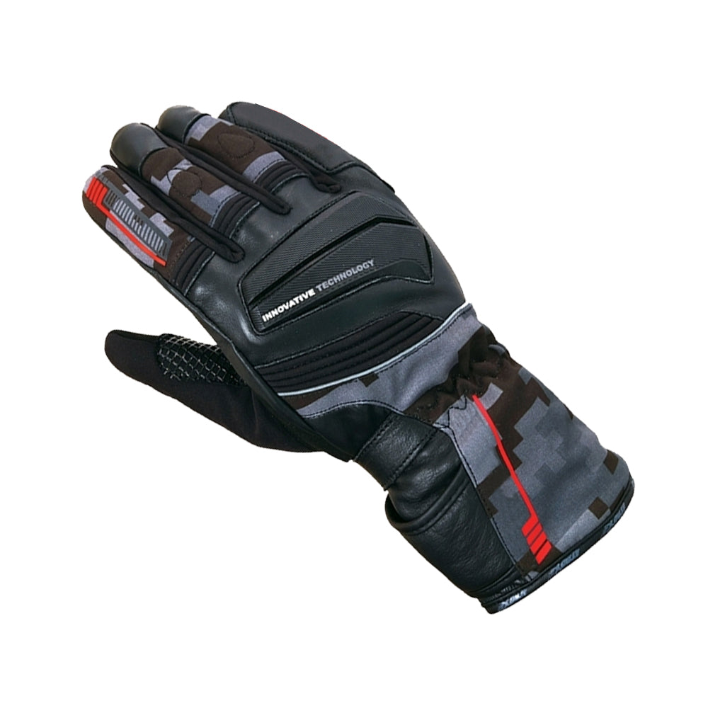 Leather and textile motorcycle gloves with smartphone touch feature, waterproof, breathable, and protective design, ideal for box-fitness.