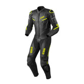 Men's one-piece leather motorcycle suit with high visibility reflectors, steel shoulder protection, and CE approved plastic protectors.