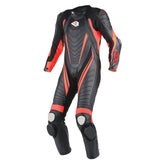 Men's leather motorcycle suit with high visibility, CE-approved protection, and ventilation designed for safety and comfort.
