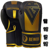 Rewon Boxhandschuhe Classic Schwarz/Gold, Kickbox und Muay Thai Handschuhe, Boxausrüstung online, aus echtem Leder, langlebig und komfortabel.