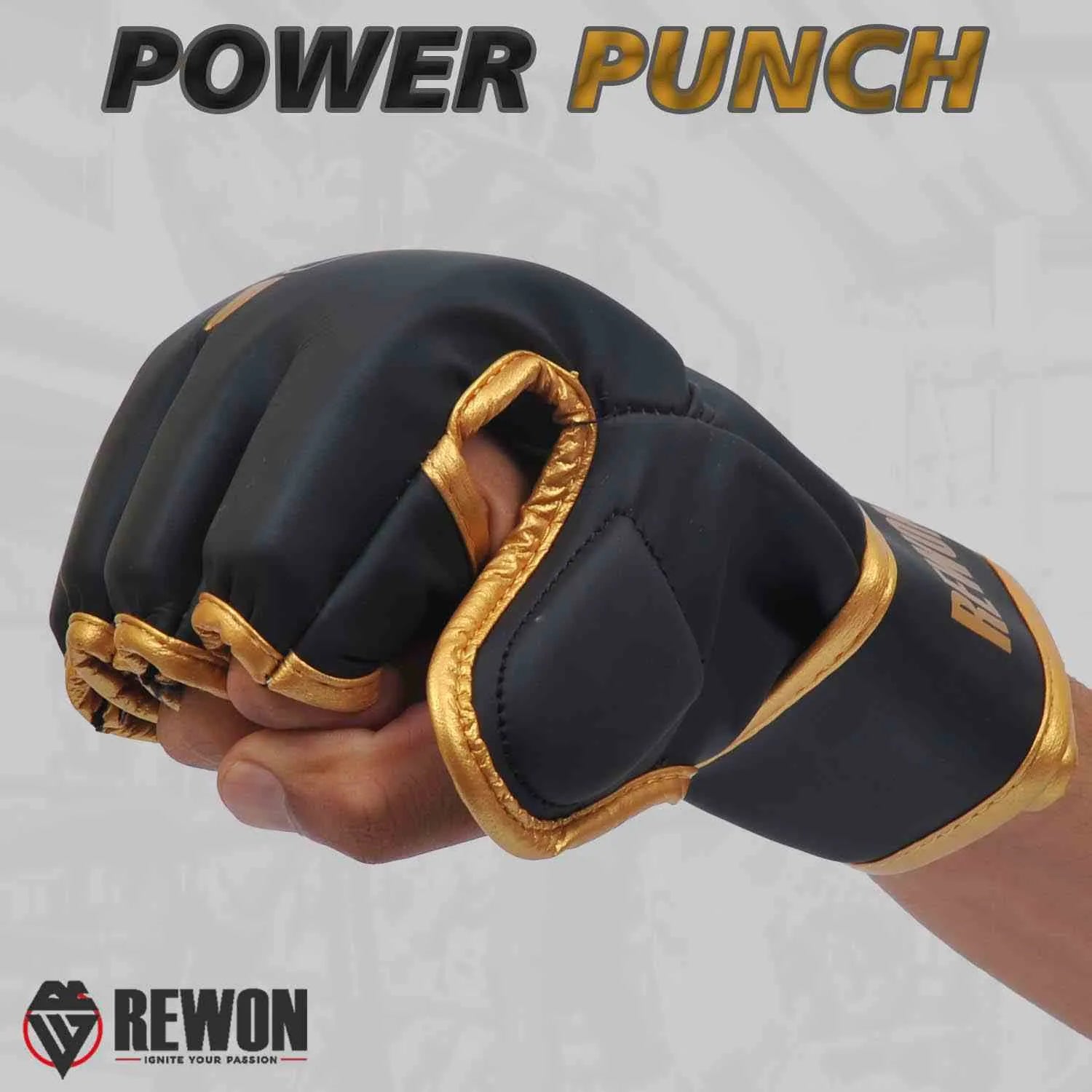 MMA-Handschuh Striker 2.0 in Schwarz/Gold von Rewon für Boxtraining und Kämpfe, aus Kunstleder mit doppelter Befestigung.