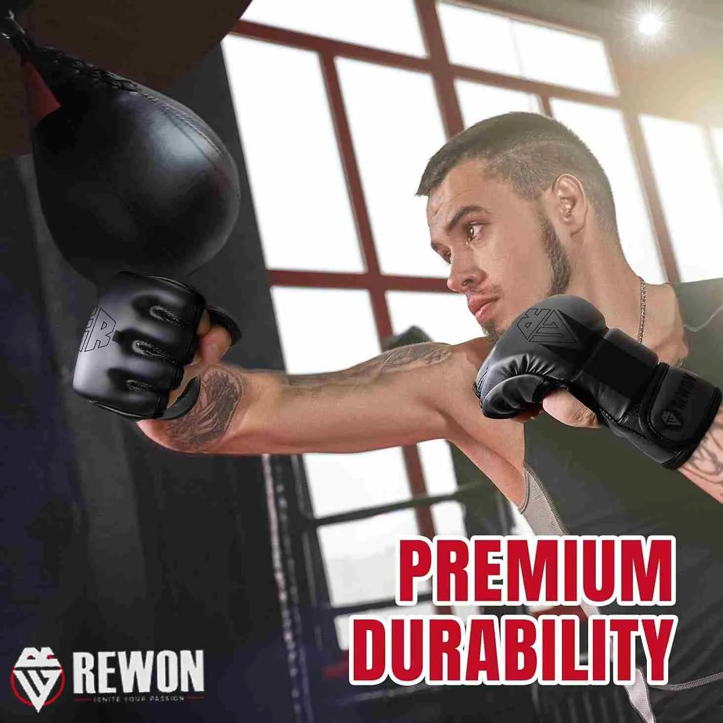 Man training with Rewon Striker 2.0 MMA gloves, showcasing premium durability, ideal for boxing and MMA fitness workouts.