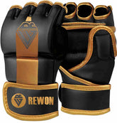 MMA Handschuhe Striker 2.0 in Schwarz/Gold, ideal für Boxtraining und Fitness, erhältlich bei Rewon, aus Kunstleder, doppelte Befestigung.