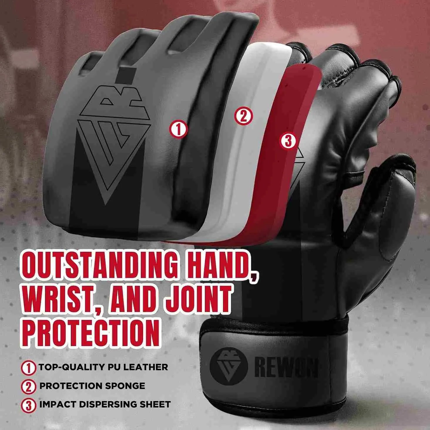 Rewon MMA Striker 2.0 gloves with PU leather and impact protection, ideal for boxing and fitness training.