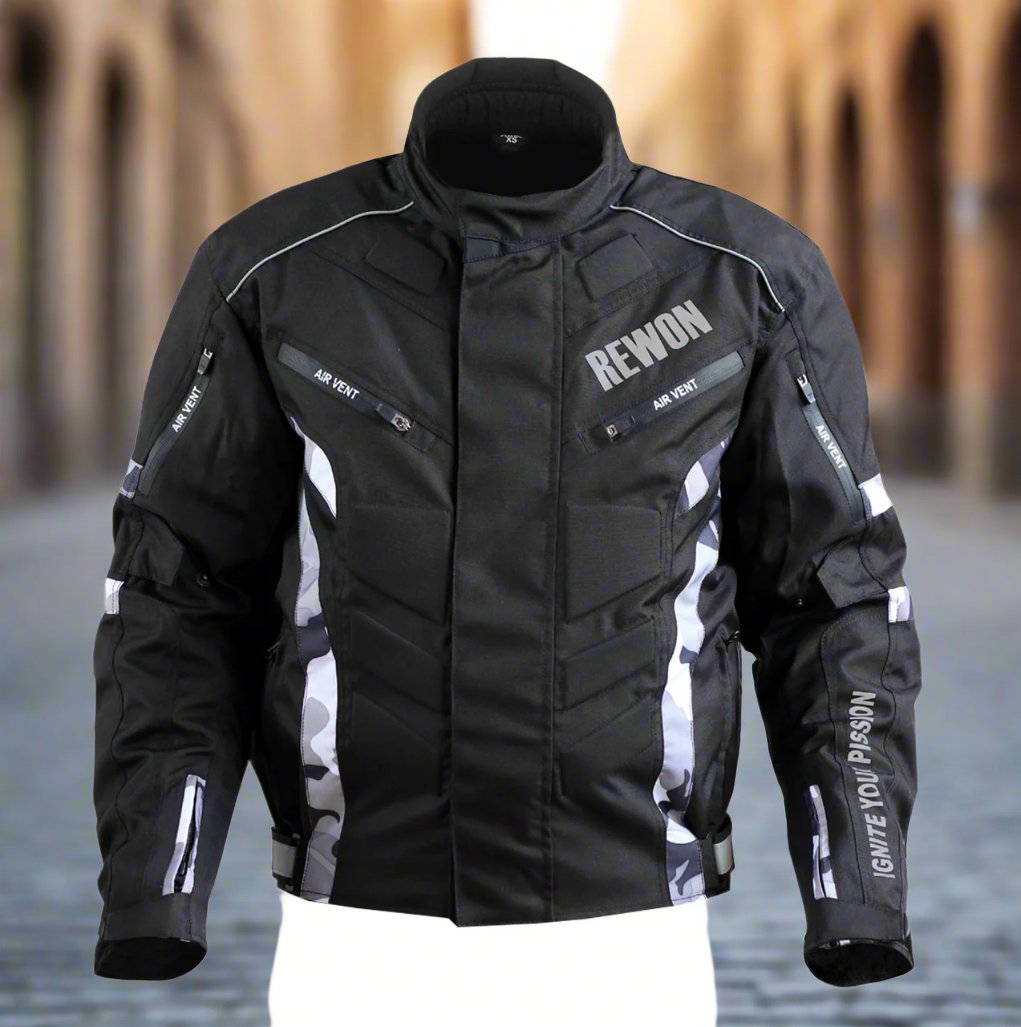 Black Cordura motorcycle jacket, two-piece design for durability and protection. Suitable for motorsport and fitness enthusiasts.