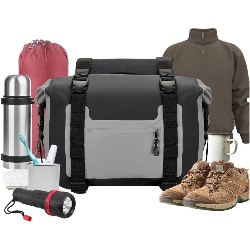 Outdoor gear ensemble with motorcycle saddlebag, hiking boots, flashlight, thermos, toothbrush, jacket, and camping mug.