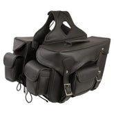 Motorcycle saddle bags leather with reinforced stitching, perfect for boxing and fitness gear, measuring 10" x 13" x 12".
