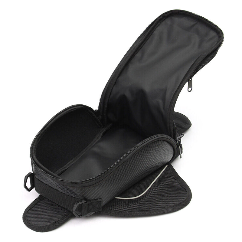 Black waterproof motorcycle tank bag with open compartment, made of 800D nylon, featuring multiple pockets and a phone display window.
